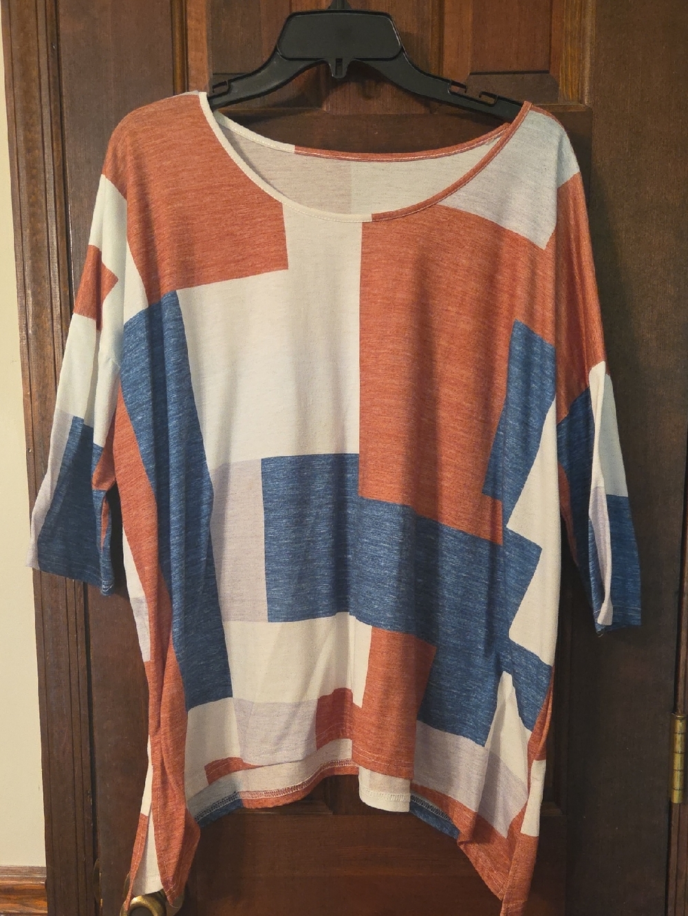 Abstract Block Print Oversized Women's Top - Rust Blue White
